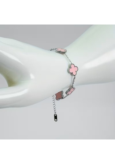 Çelik Bileklik Dört Yapraklı Küçük Yonca Pembe Sedef Taşlı Uzunluk 18 Cm Gümüş Gümüş
