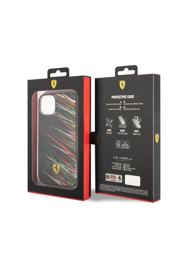 İphone Uyumlu 14 Kılıf Ferrari Lisanslı Baskı Logolu Çimen Desenli Kapak Siyah