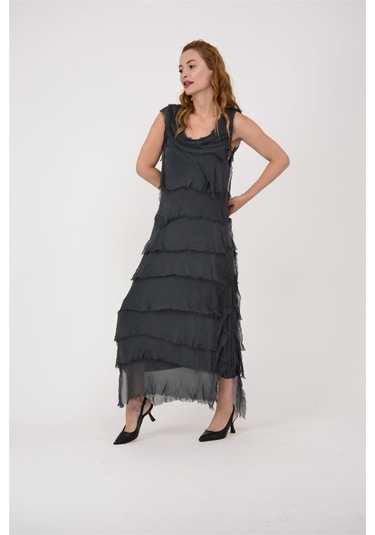 Italyan 2 Beden İnce Gösteren Kat Kat Kolsuz Ipek Elbise Antrasit