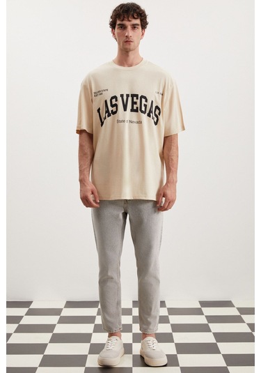 GRIMELANGE Norıs Erkek Regular Fit %100 Pamuk Baskılı Bej T-shirt Bej