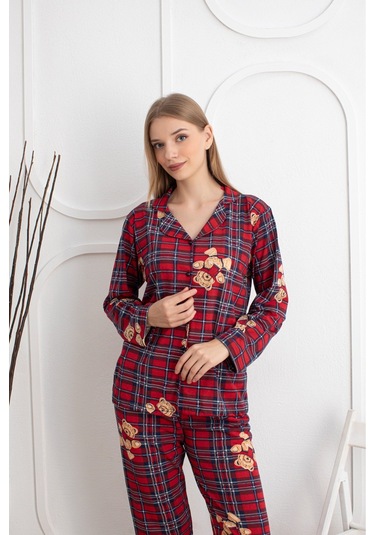 Kadın Mevsimlik Pamuklu Penye Pijama Takımı Önden Düğmeli Ekose