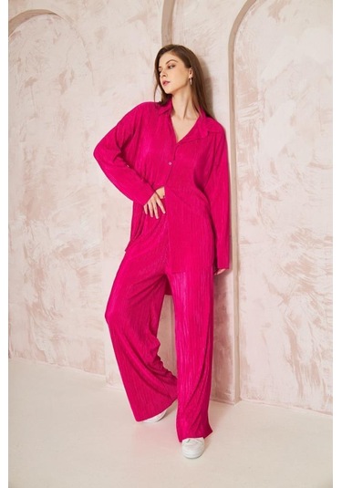Kadın Pliseli Beli Lastikli Pantolon Tunik Gömlek Ikili Bürümcük Salaş Takım 3573300 Fuşya