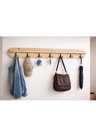 120 Cm 7 Kancalı Oval Kesim Ahsap Renk Duvara Monte Askılık Bal Meşe