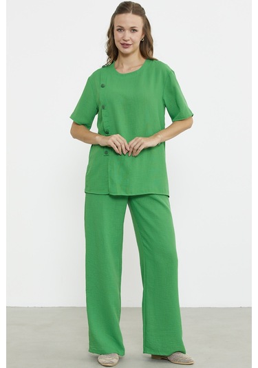 Düğme Detaylı Keten Görünümlü Rahat Takım - Yeşil Yeşil
