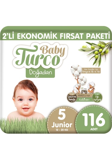 Baby Turco Doğadan 2'li Ekonomik Fırsat Paketi Bebek Bezi 5 Numara 116 Adet 2'li