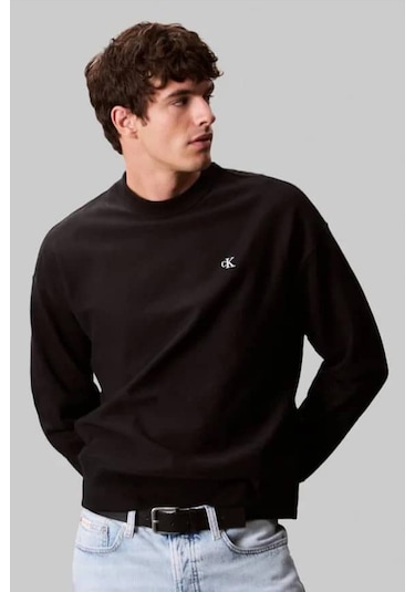 Erkek Bisiklet Yaka Nakış Logolu Sweatshirt - Siyah Black