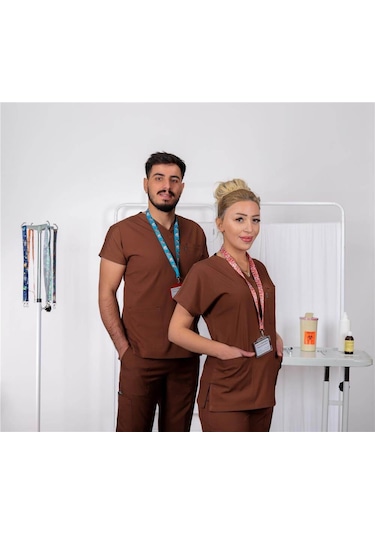 Likralı Cerrahi Forma Unisex Hemşire Doktor Sağlıkçı Forması Scrubs Üniforma Acı Kahve