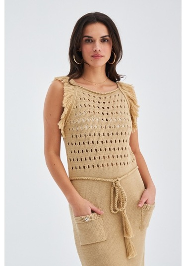 Peraluna Mıyokı Dress %100 Pamuk Diz Hizası Yazlık Kadın Triko El Bej