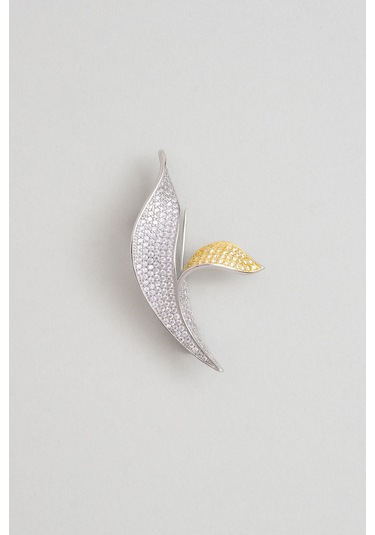 Lilyum Yaprağı 18 Ayar Beyaz Altın Kaplama Gümüş Broş Beyaz Altın Kaplama