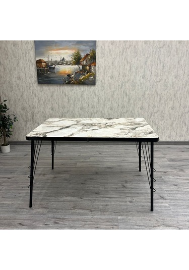 By Orhan Güzel Mutfak Masaları Hasır Ayaklı 80-120 Dikdörtgen Mutfak Mutfak Masası Beyaz Mermer Desen