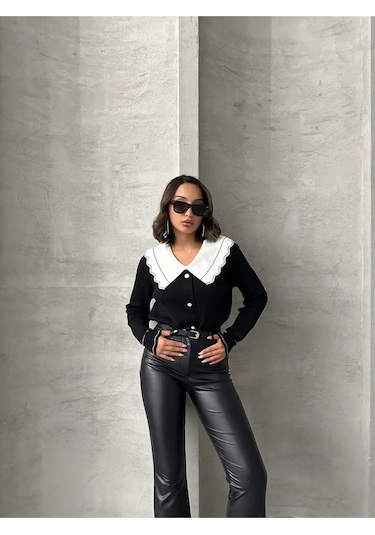 Kadın Yaka Detaylı Triko Bluz Siyah