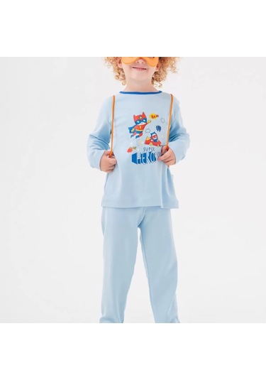 Süper Heros Çanta Ve Maskeli % 100 Pamuk Erkek Çocuk Pijama Takımı Mavi