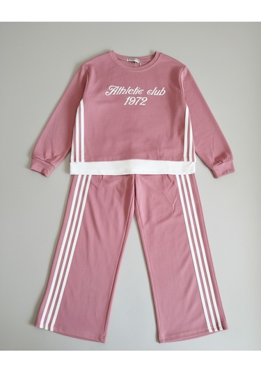 "athletic Club" Baskılı, Üç Çizgili Pembe-beyaz Geniş Paça Kız Çocuk Eşofman Takımı Pembe