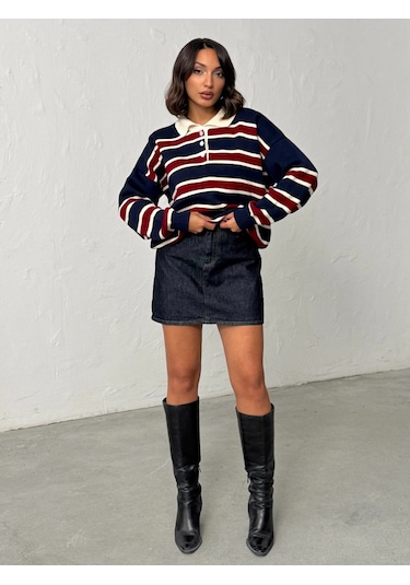 Kadın Polo Yaka Çizgili Triko Kazak Lacivert