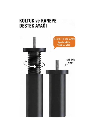 13 Cm-18 Cm Arası Ayarlanabilen Kanepe Ve Koltuk Destek Ayağı Siyah Siyah
