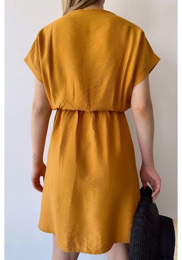 Kadın Hardal Kısa Kol, Kalp Yaka, Dokulu Desen, Bele Oturan, Aerobin Lastikli Bel Midi Elbise Hardal