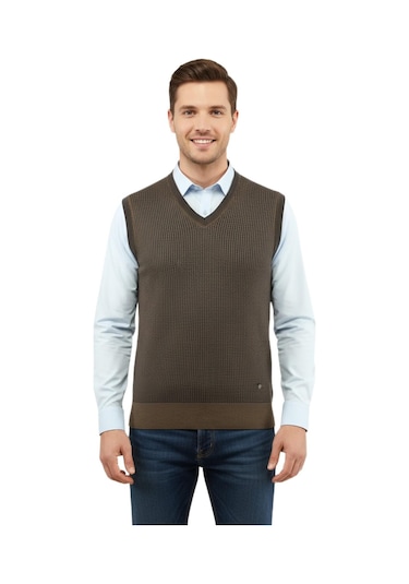 Çizgi Triko Erkek V Yaka Süveter Çelik Örgü Regular Kalıp 5208h Bgl-st04960 Vizon