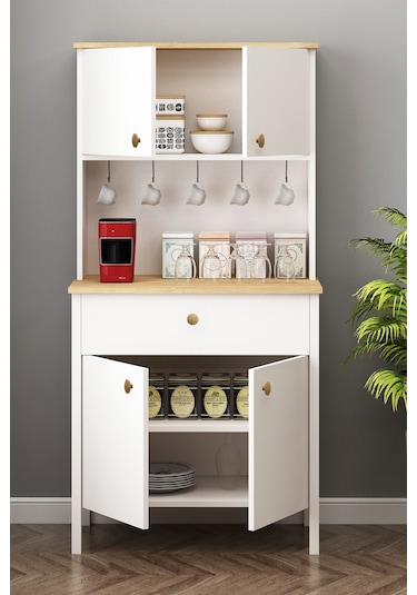 Remy Kahve Köşesi Ahşap Kulplu Çok Amaçlı Dolap Sepet-beyaz Sepet-beyaz