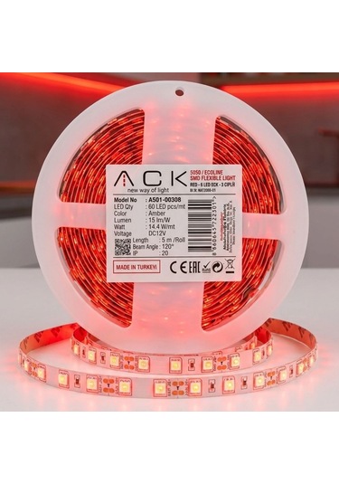 Buffer Kırmızı Led Şerit 5m 60 Led/m 12v 14.4w Güçlü 3 Çipli Işık Şerit Led