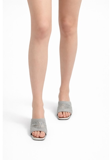 Tual Shoes Kadın Silver Örgü Detaylı Topuklu Terlik Gümüş