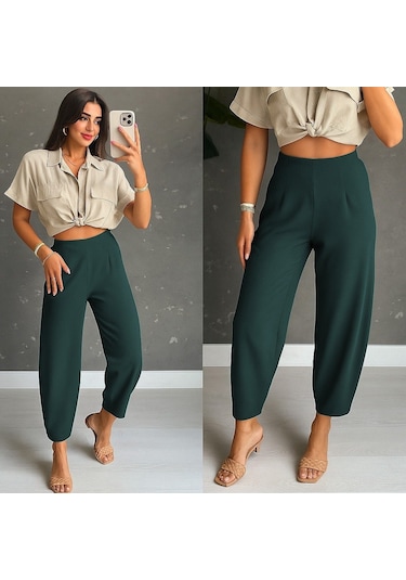 Ahes Shopping Kadın Yüksek Bel Krep Pantolon Yeşil