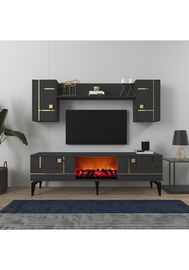 Maddera Şömineli Tv Ünitesi Takımı Antrasit-altın