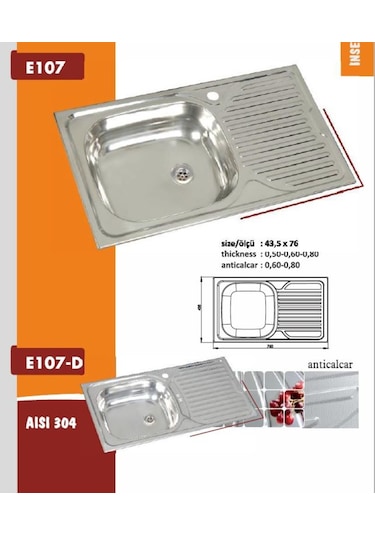 Ekosan 43.5 x 76 Ankastre. Paslanmaz Eviye + Sifon