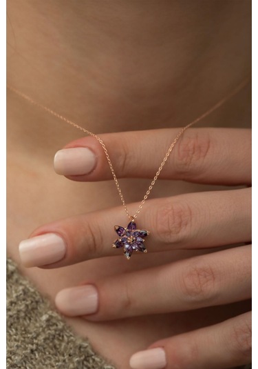 Ervanur Kadın Rose Altın Kaplama Mor Taşlı Lotus Çiçeği Kolye Mor