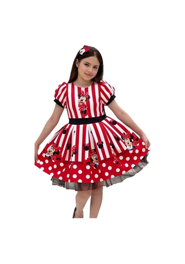 Riccotarz Kız Çocuk Üzeri Mc Maymun Baskılı Şerit Ve Çizgi Detaylı Kırmızı Elbise Kırmızı