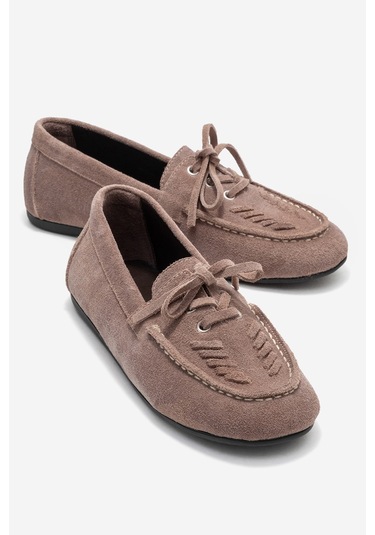 Lorven Vizon Süet Hakiki Deri Bağcıklı Kadın Loafer Ayakkabı Vizon