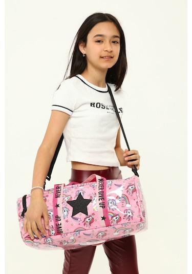 Kız Çocuk Yıldız Baskılı Spor Çanta, Unicorn Desenli Spor Çanta Pembe