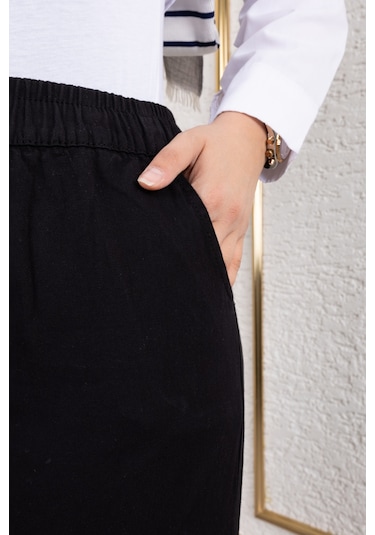 Beli Lastikli Keten Pantolon - Siyah / A0104 Siyah