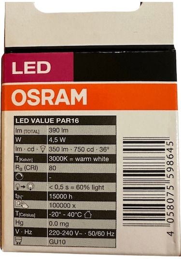 Osram 4.5w 50w 3000k Sarı Işık Gu10 Duylu Par16 Led Spot 10 Adet