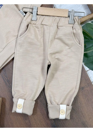 Ayıcık Baskılı Bisiklet Yaka Düğme Detaylı 2'li Bebek Takım Bej