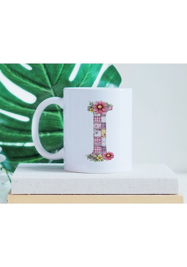I Harfli Retro Çiçekli Kupa Bardak - Patchwork Tarz Yamalı Desenli İsme Özel Kupa - Hediye 07 Beyaz