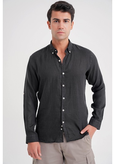 Comfort Fit Düğme Yaka Katlanır Kol %100 Keten Düz Siyah Gömlek G 1595 Siyah