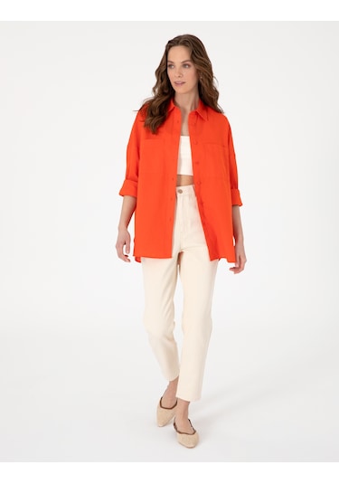 Pierre Cardin Kadın Açık Mavi Oversize Uzun Kollu Keten Gömlek 50301078-VR003