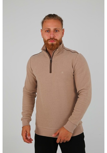 Brango Erkek Dik Yaka Yarım Fermuarlı Selanik Sweatshirt Bej No Color