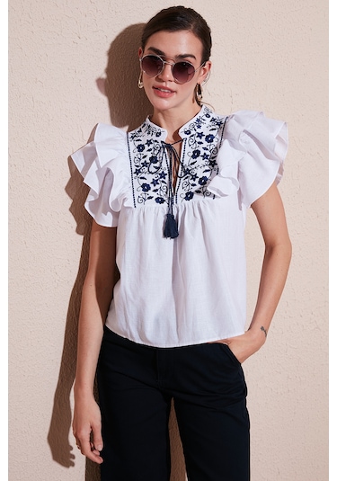 Lela Pamuklu Regular Fit Nakış Işlemeli Bayan Bluz 611Bz0253 Beyaz-Indigo