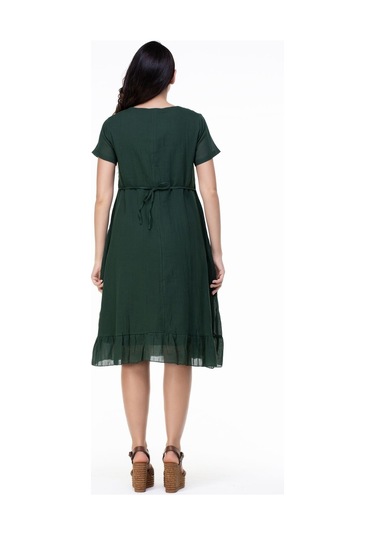 Kısa Kol Şile Bezi Mehtap Midi Boy Nakış Detaylı Elbise Yeşil