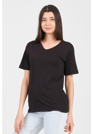 As Collection Siyah V Yaka Kısa Kol Örme Kadın T-shirt Siyah