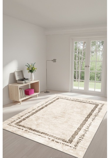 Zeminde Geleneksel İzler Geometrik Motifli Bej Renkli Kaymaz Taban Halı Bej