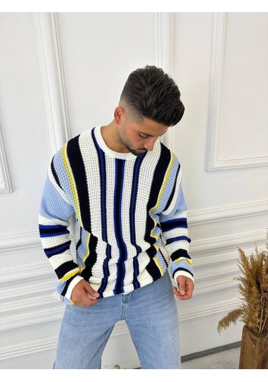 Kazak Oversize Renkli Örgü Desenli Naturel Pamuk Bol Kesim Salaş Triko Kazak Mavi