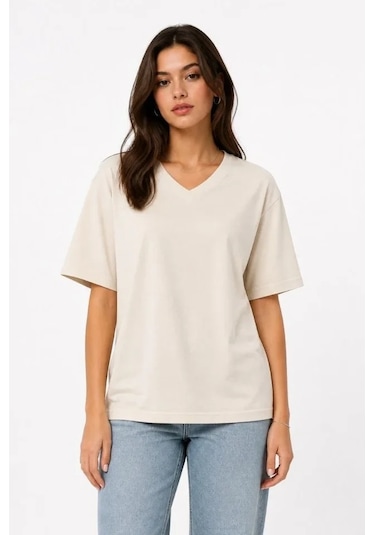 Defymoda V Yaka Basic Tişört Kısa Kol Yazlık Regular Fit T-shirt - Bej
