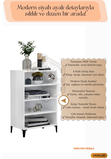 Tamamı Mdf 4 Raflı Siyah Ayaklı Modern Dergilik/kitaplık