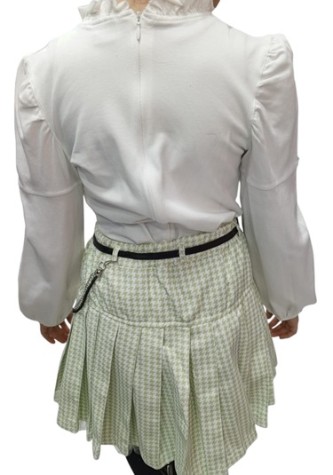 Kız Çocuk Deri Detaylı Yeşil Renk Üçlü Etekli Takım Yeşil