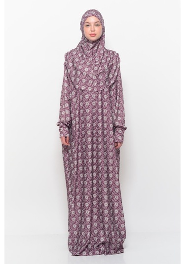 Pratik Tek Parça Güneş Desenli Kollu Tak Çıkar Başörtülü Likralı Tesettür Namaz Elbisesi 990-0302 Bordo Antrasit