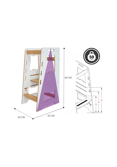 Minera Ahşap Montessori Öğrenme Kulesi / 2-6 Yaş / Beyaz + Nat. Beyaz