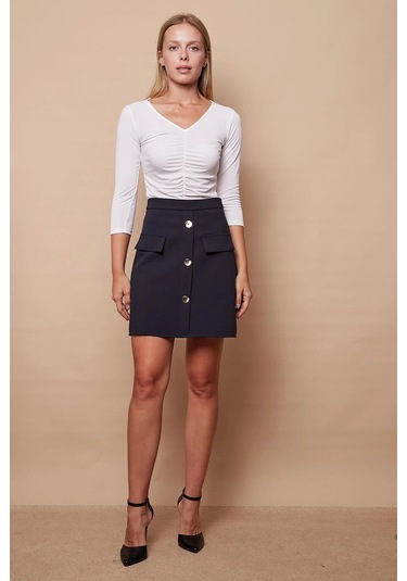 Kadın Diz Üstü Yüksek Bel Önü Düğmeli Cep Kapaklı Hafif Likralı Kumaş Çan Etek-lacivert Lacivert