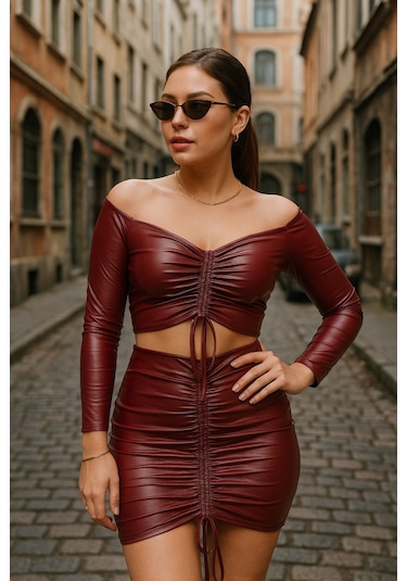 Ge Ticaret Kadın Büzgülü Deri Etek Takım Fırsat Ürün Bordo